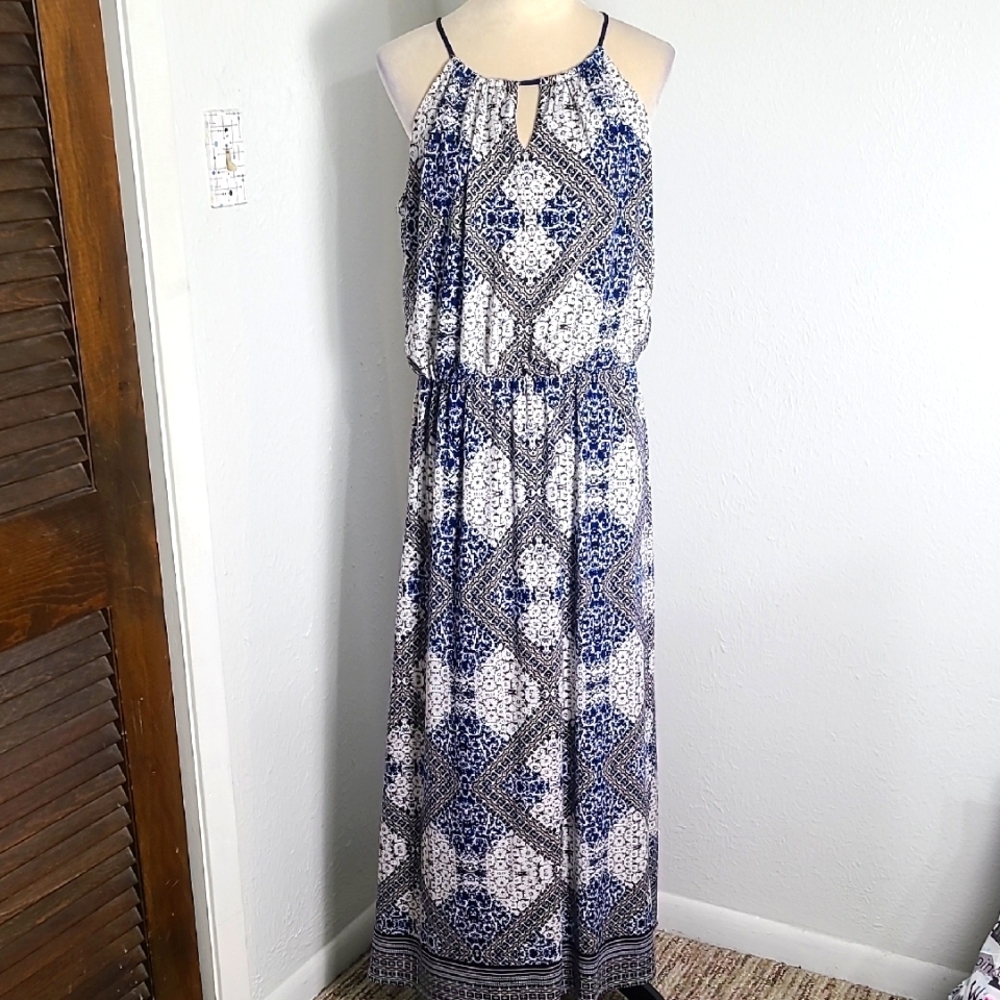 London Times Elegant Navy & White Print Maxi-Dress, Spaghetti Straps, Size 14 - Picture 2 of 10
